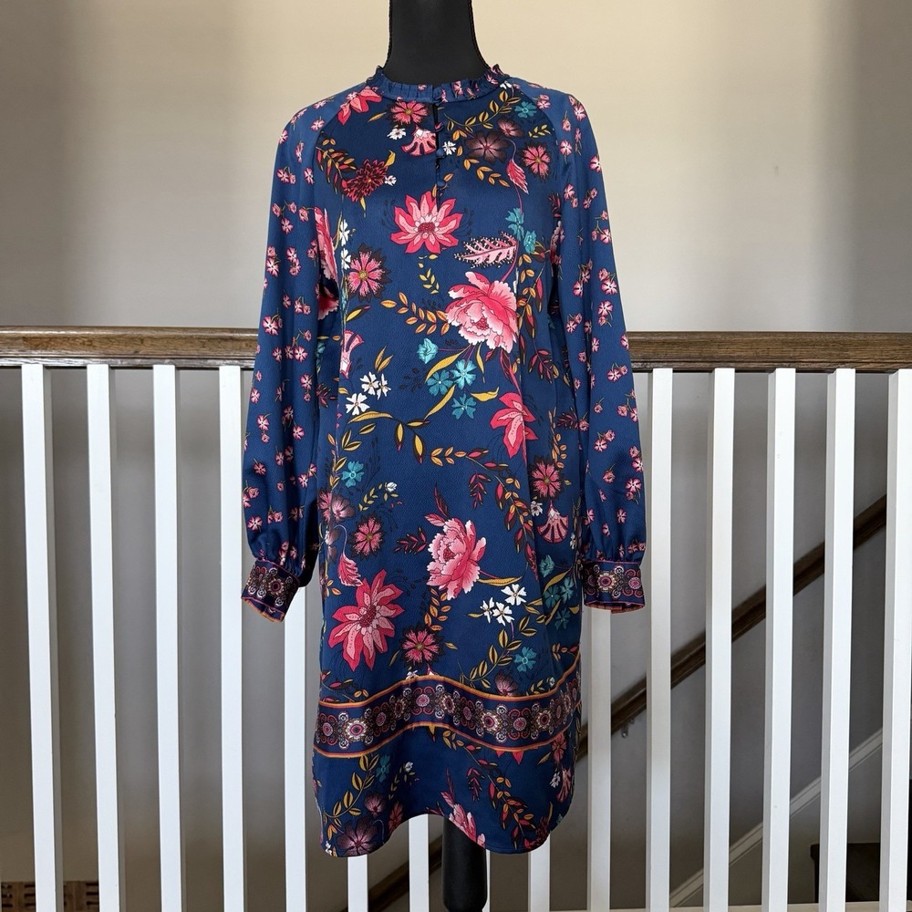 LOFT Wildflower Shift Satin Dress Small Floral Cuffed Balloon Sleeve Boho Resort